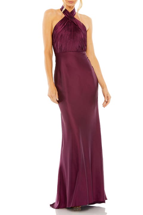 Pleated Halter Neck Satin Gown