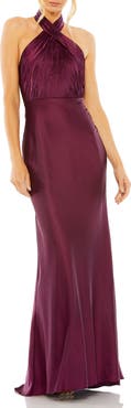 Mac Duggal Pleated Halter Neck Satin Gown