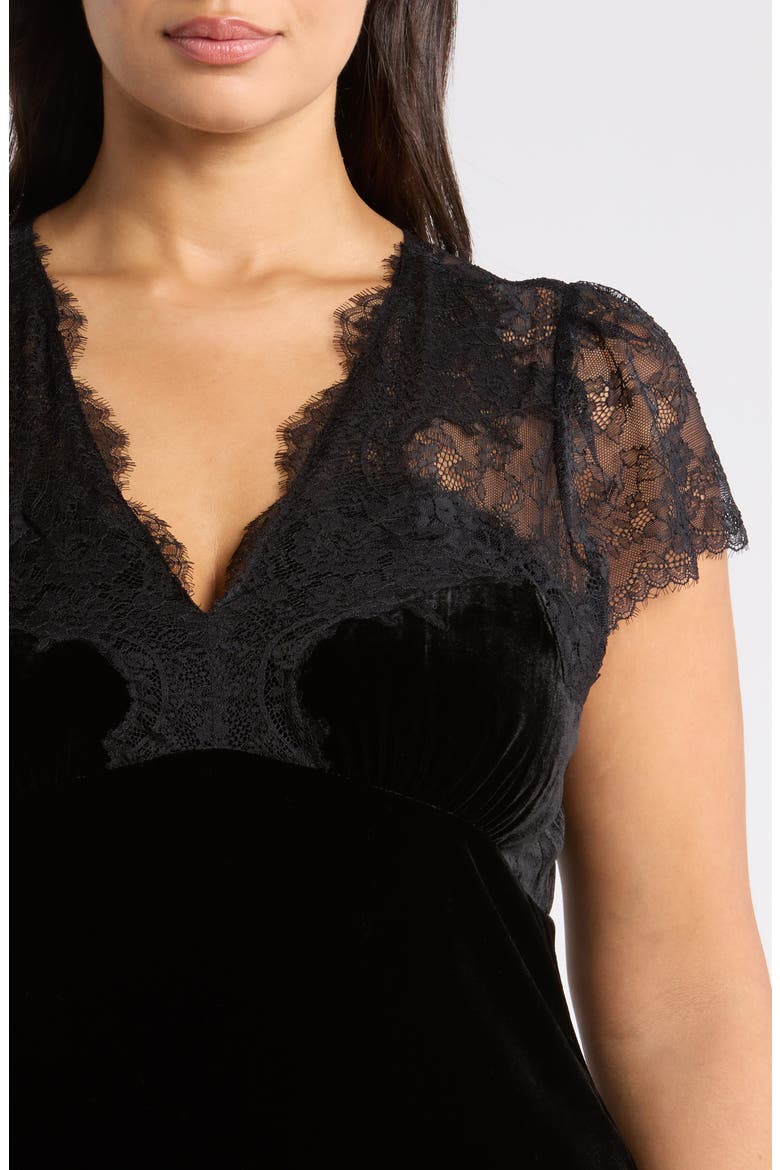 Lace and Velvet Midi Dress, Alternate, color, BLACK