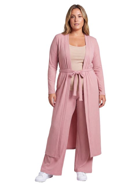 Curvy Basic Long Sleeve Tie Waist Soft Jacket and Elastic Waist Wide Leg Pant Set