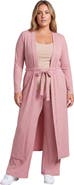 24seven Comfort Apparel Curvy Basic Long Sleeve Tie Waist Soft Jacket and Elastic Waist Wide Leg Pant Set