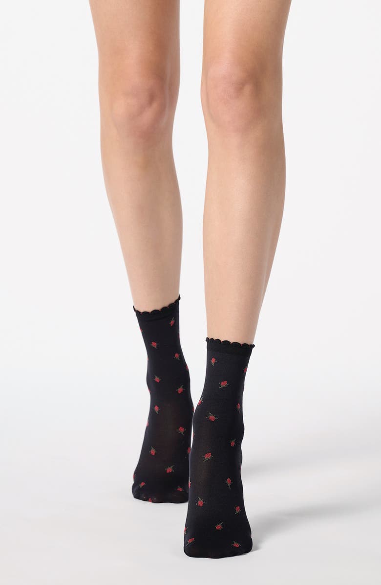 Oroblu Floral Crew Socks, Main, color, Black