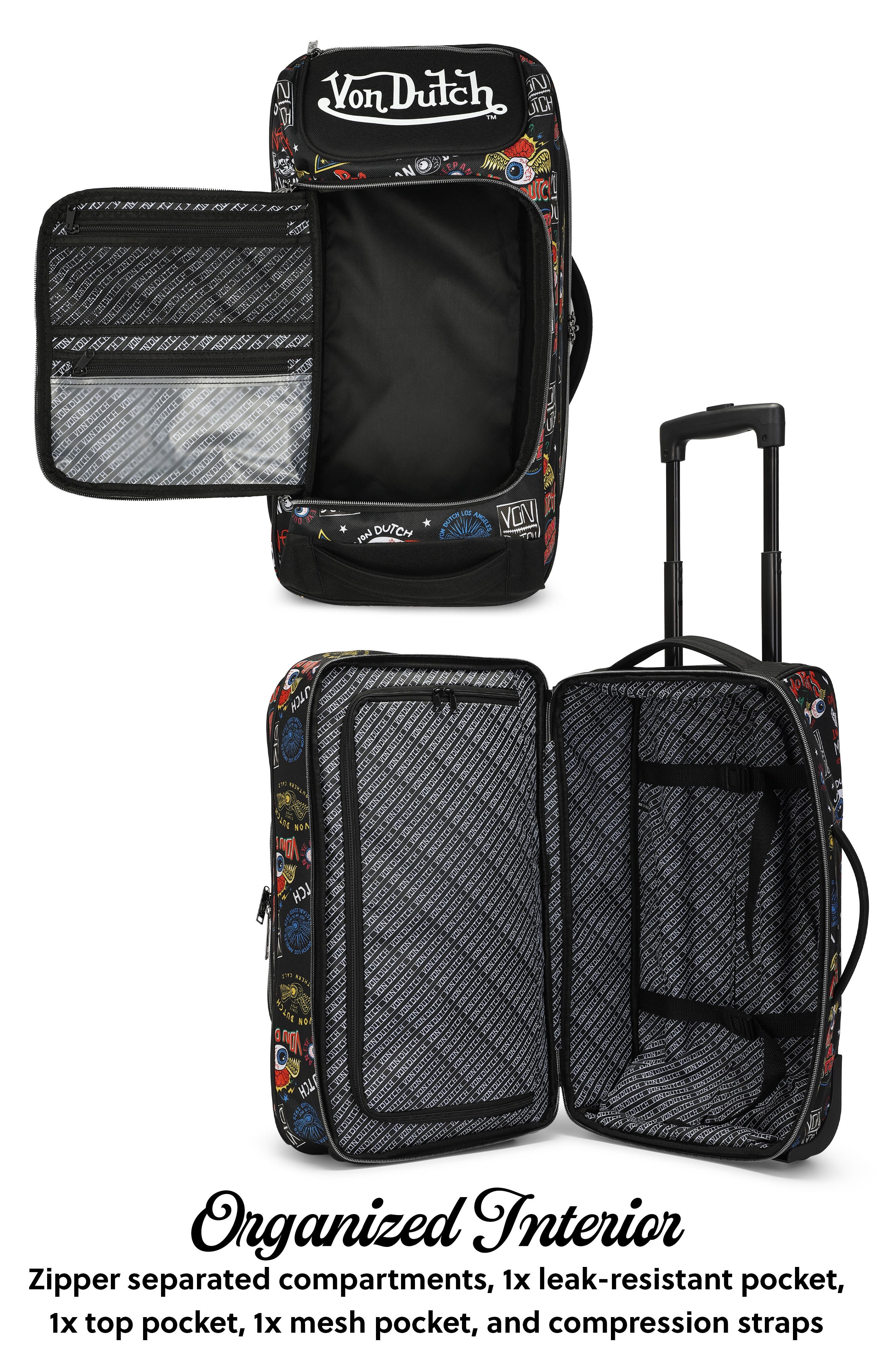 Von Dutch Jax Black Rolling Travel Duffel Bag  with Inline Skate Wheels, Alternate, color, Jax Black