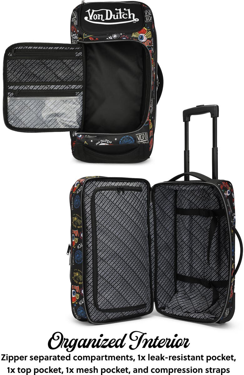 Von Dutch Jax Black Rolling Travel Duffel Bag with Inline Skate Wheels, Alternate, color, Jax Black