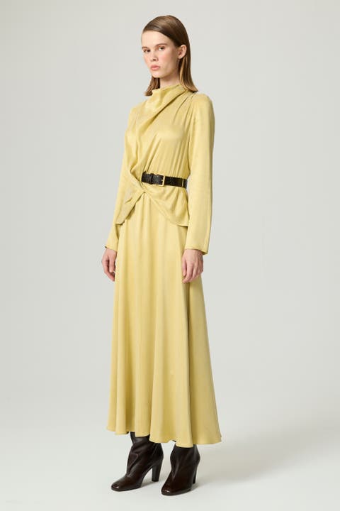 Draped Belted Long-Sleeve Maxi Dress