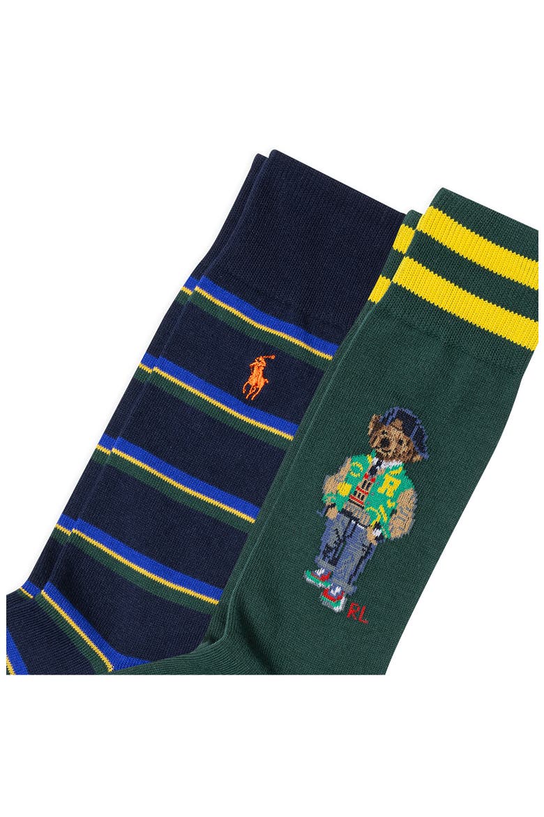 Assorted 2-Pack American Heritage Bear & Stripe Dress Socks, Alternate, color, GREEN