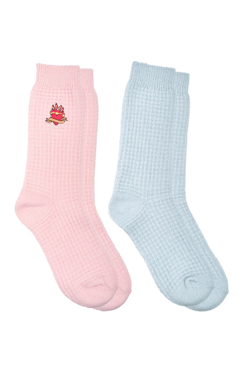 Ed Hardy Womens Heart Embroidery Waffle Knit Flat Slouchy Sock 2-Pack, Alternate, color, Grey Pink