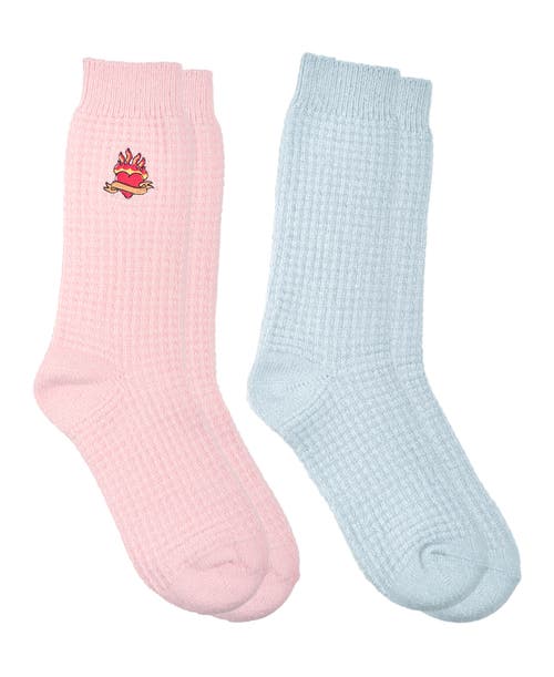 Ed Hardy Womens Heart Embroidery Waffle Knit Flat Slouchy Sock 2-pack In Multi