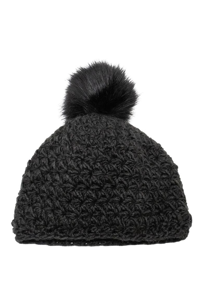 Faux Fur Pompom Star Knit Beanie, Main, color, BLACK BLACK