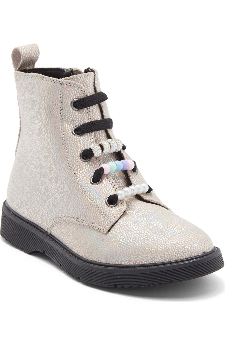 Harper Canyon Kids' Poppey Beaded Combat Boot, Main, color, Silver Irridescent