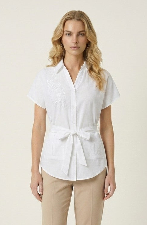 Short Sleeve Button-Down Waist Tie Top