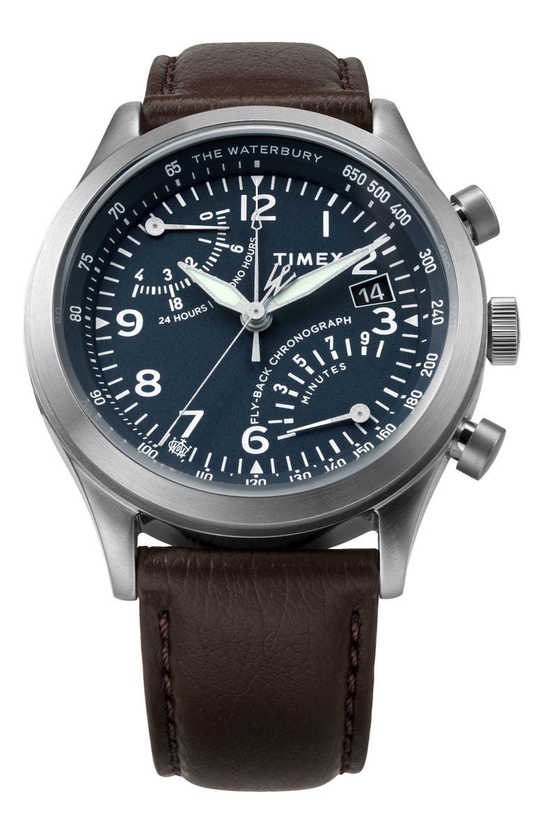 Timex<sup>®</sup> Waterbury Traditional Fly Back Chronograph Leather Strap Watch, 43mm, Main, color, Brown