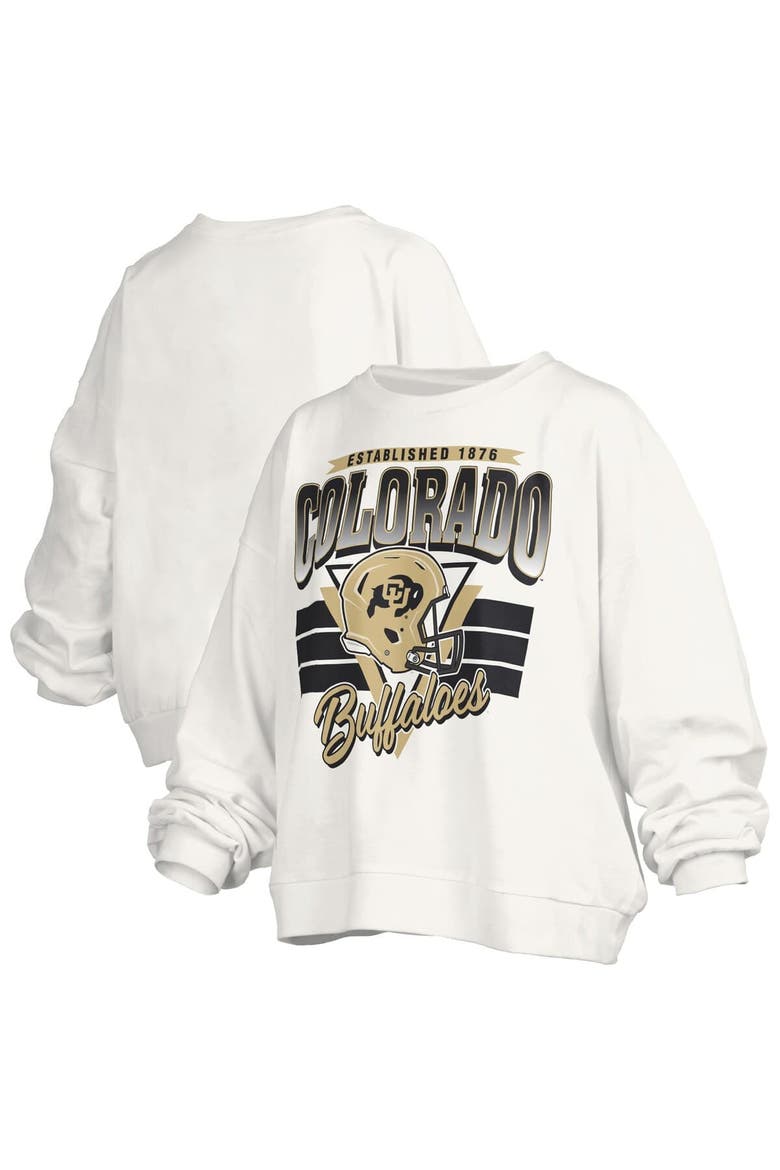 Women's Pressbox White Colorado Buffaloes Oversized Janice Retro Waist-Length Pullover Sweatshirt, Main, color, White