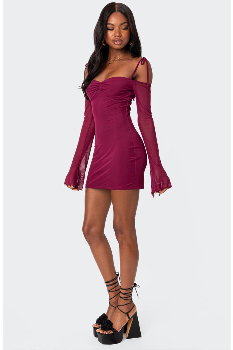 Ariel Cold Shoulder Long Sleeve Mesh Minidress, Alternate, color, BURGUNDY
