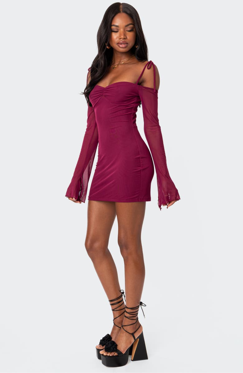 EDIKTED Ariel Cold Shoulder Long Sleeve Mesh Minidress, Alternate, color, Burgundy