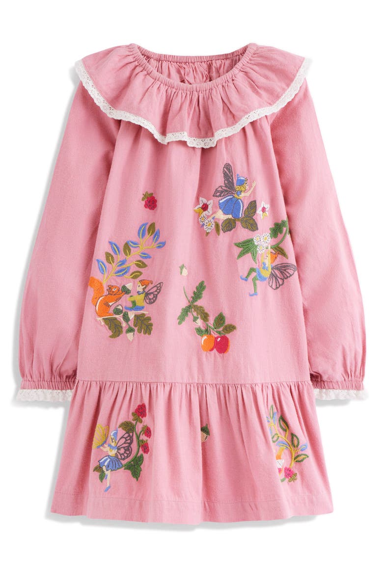 Mini Boden Kids' Lace Trim Collared Woven Dress, Main, color, Rose Pink Fairies