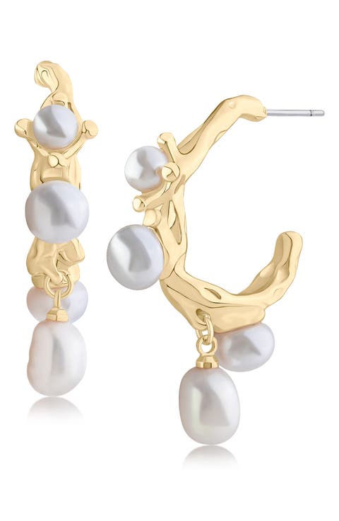 Baroque Faux Pearl Drop Hoop Earrings