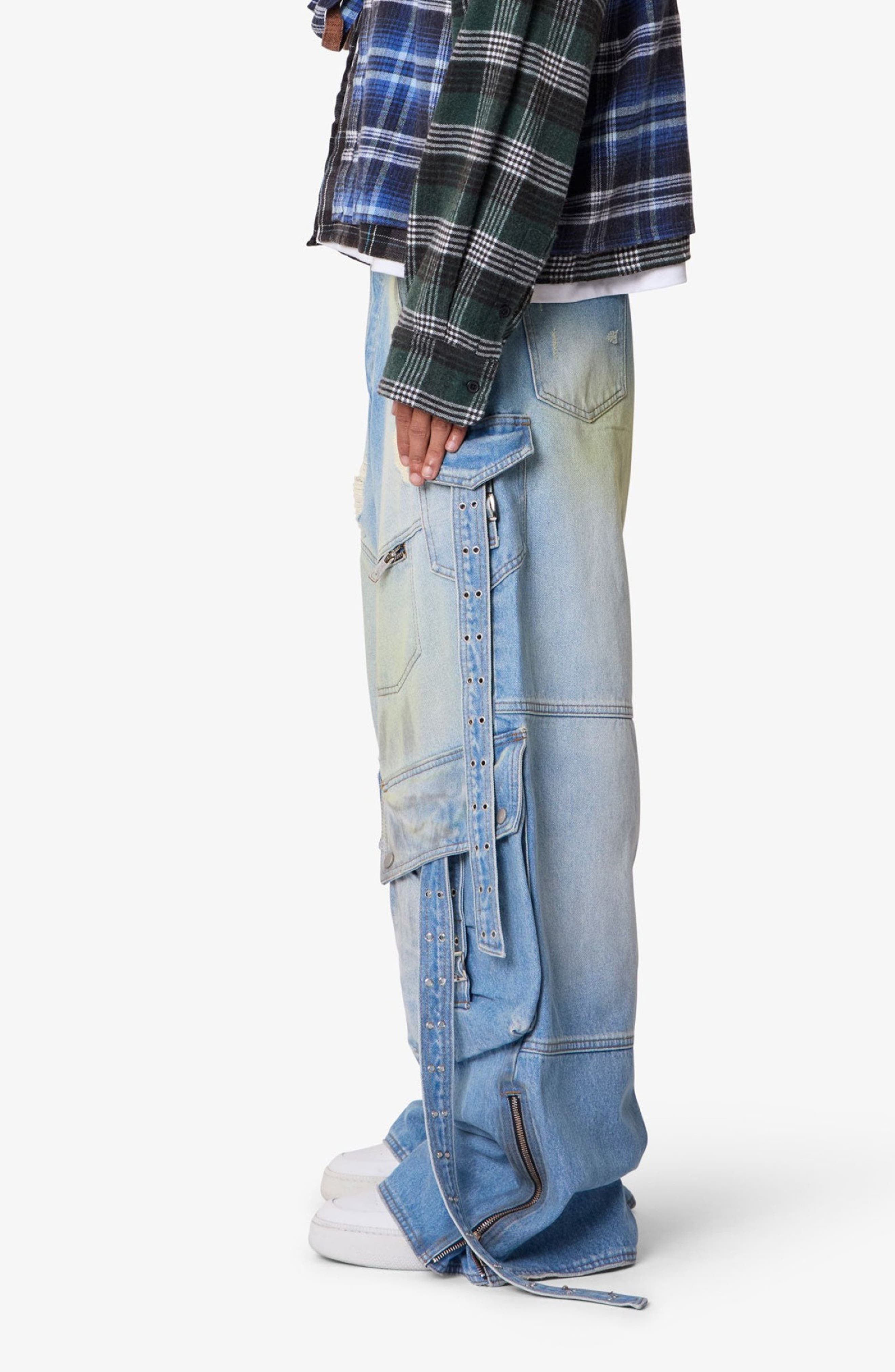 mnml Belt Accent Rave Denim Ultra Baggy Wide Leg Jeans (Men