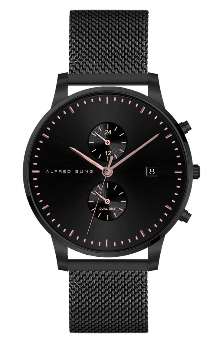 Alfred Sung Dual Time Mesh Strap Watch, 42mm, Main, color, 
