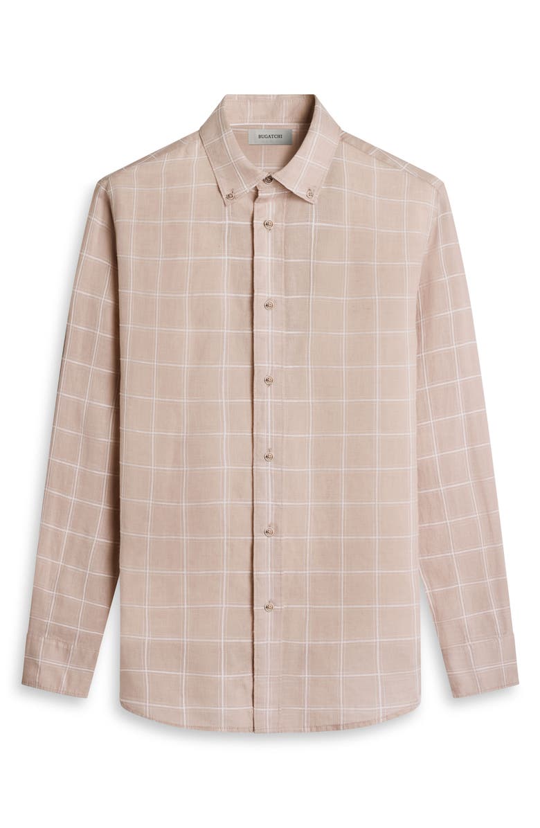 Bugatchi Austin Shaped Fit Windowpane Check Linen & Cotton Button-Down Shirt, Alternate, color, Desert