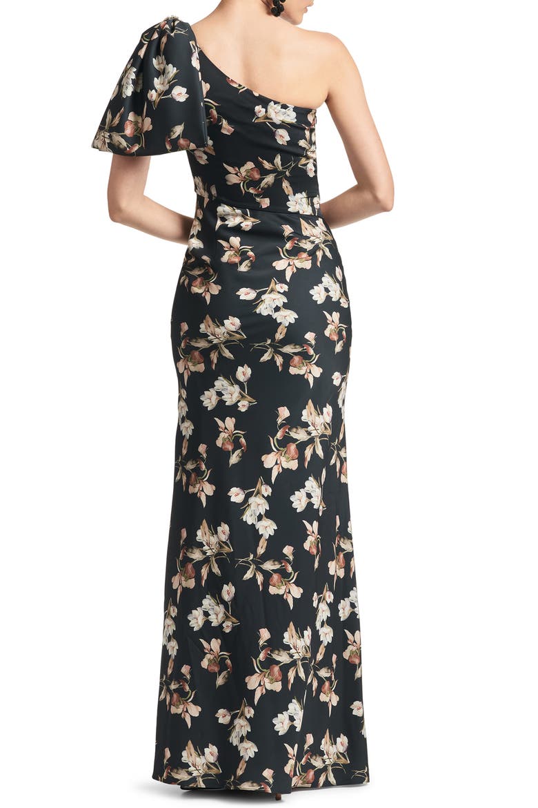 Aubrey One-Shoulder Floral Satin Charmeuse Body-Con Gown, Alternate, color, BLACK VENETIA PETAL
