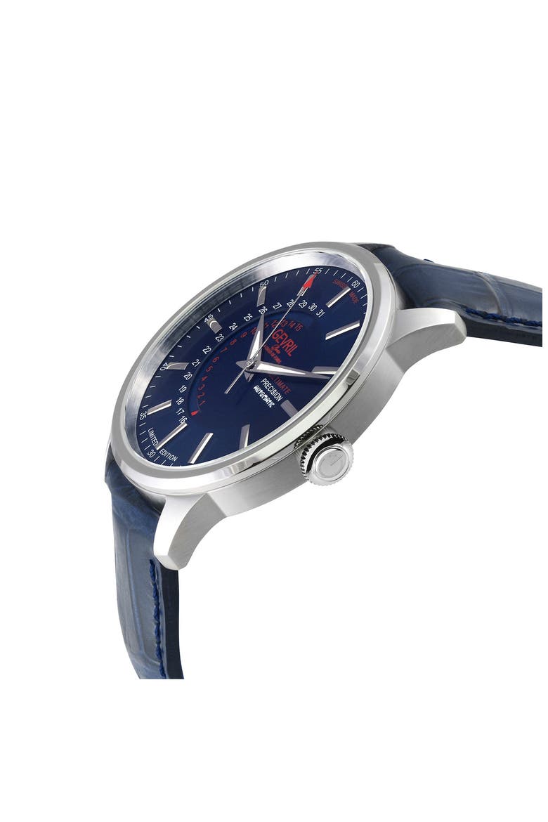 Guggenheim Swiss Automatic Croc Embossed Leather Strap Watch, 44mm, Alternate, color, BLUE