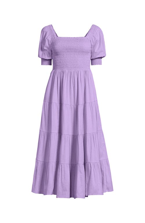 LANDS' END LANDS' END SMOCKED COTTON DOBBY MIDI PUFF SLEEVE DRESS