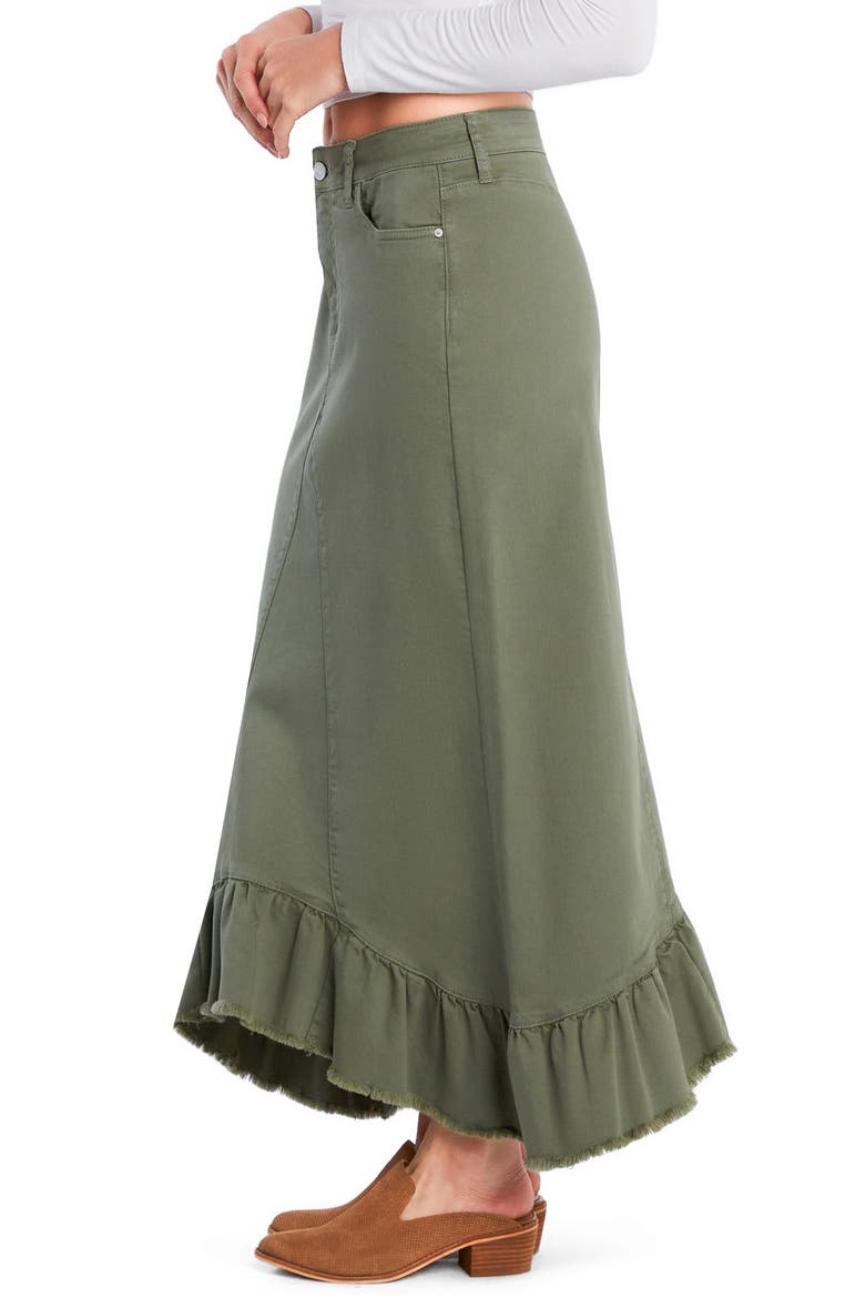 Pieced Ruffle Denim Maxi Skirt, Alternate, color, OLIVE
