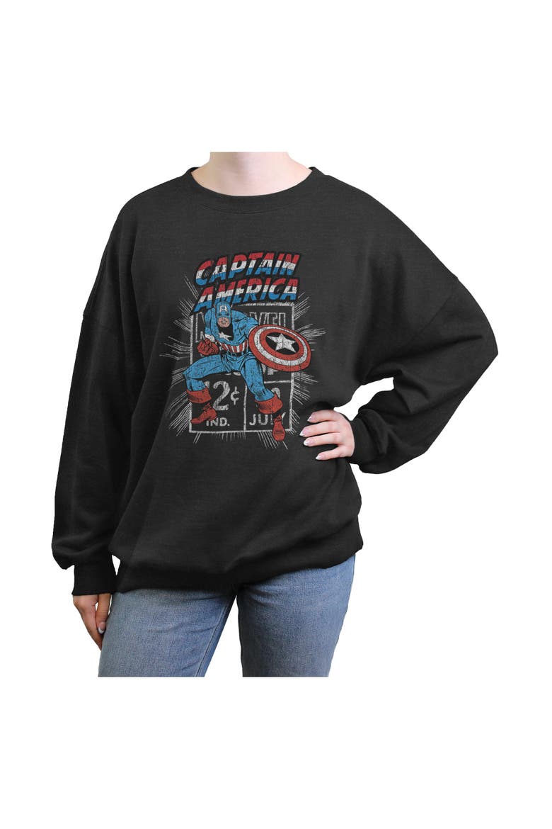 Junior's Captain Comic Stamp Long Sleeve Oversized Sweatshirt, Main, color, Charcoal Heather