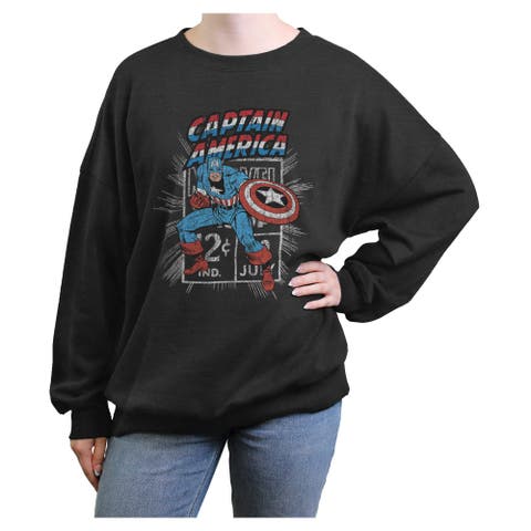 Junior's Captain Comic Stamp Long Sleeve Oversized Sweatshirt