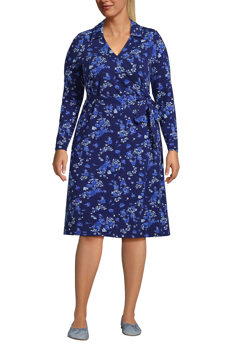 Plus Size Cotton Modal Collared Wrap Dress, Alternate, color, Deep Sea Navy Poetic Floral