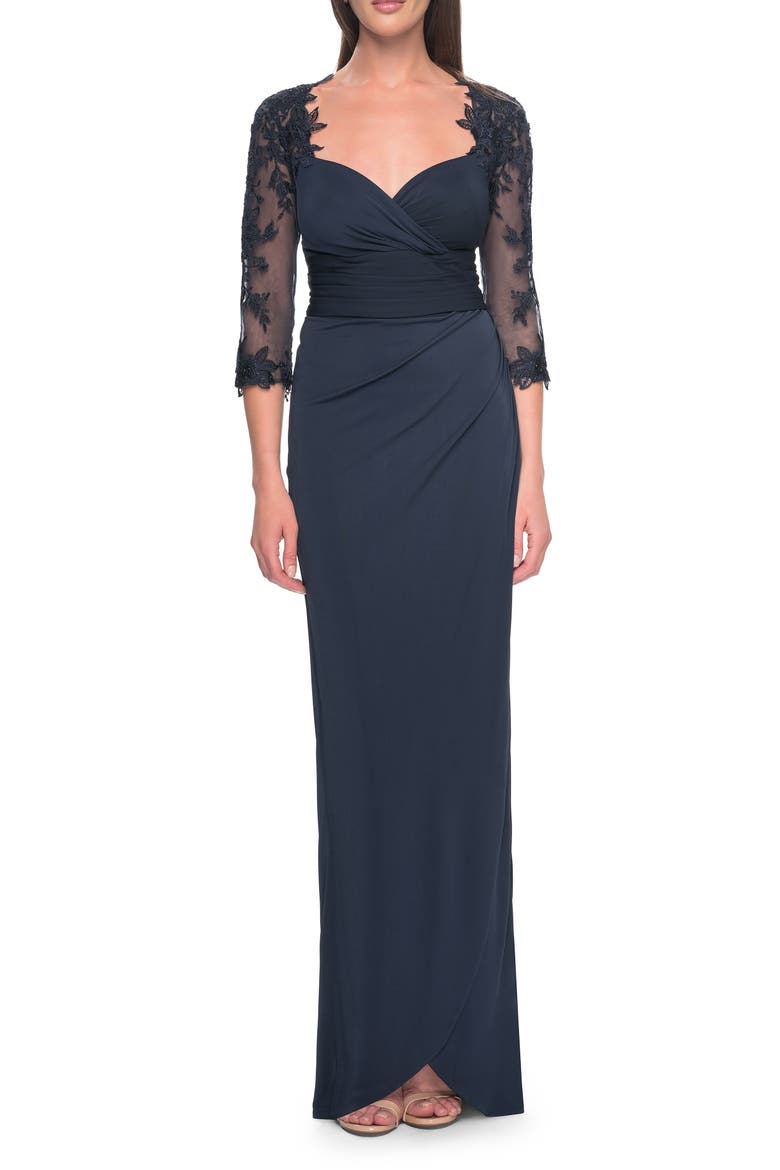 Long Jersey Evening Dress with Lace Sleeves, Main, color, Navy