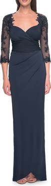 La Femme Long Jersey Evening Dress with Lace Sleeves