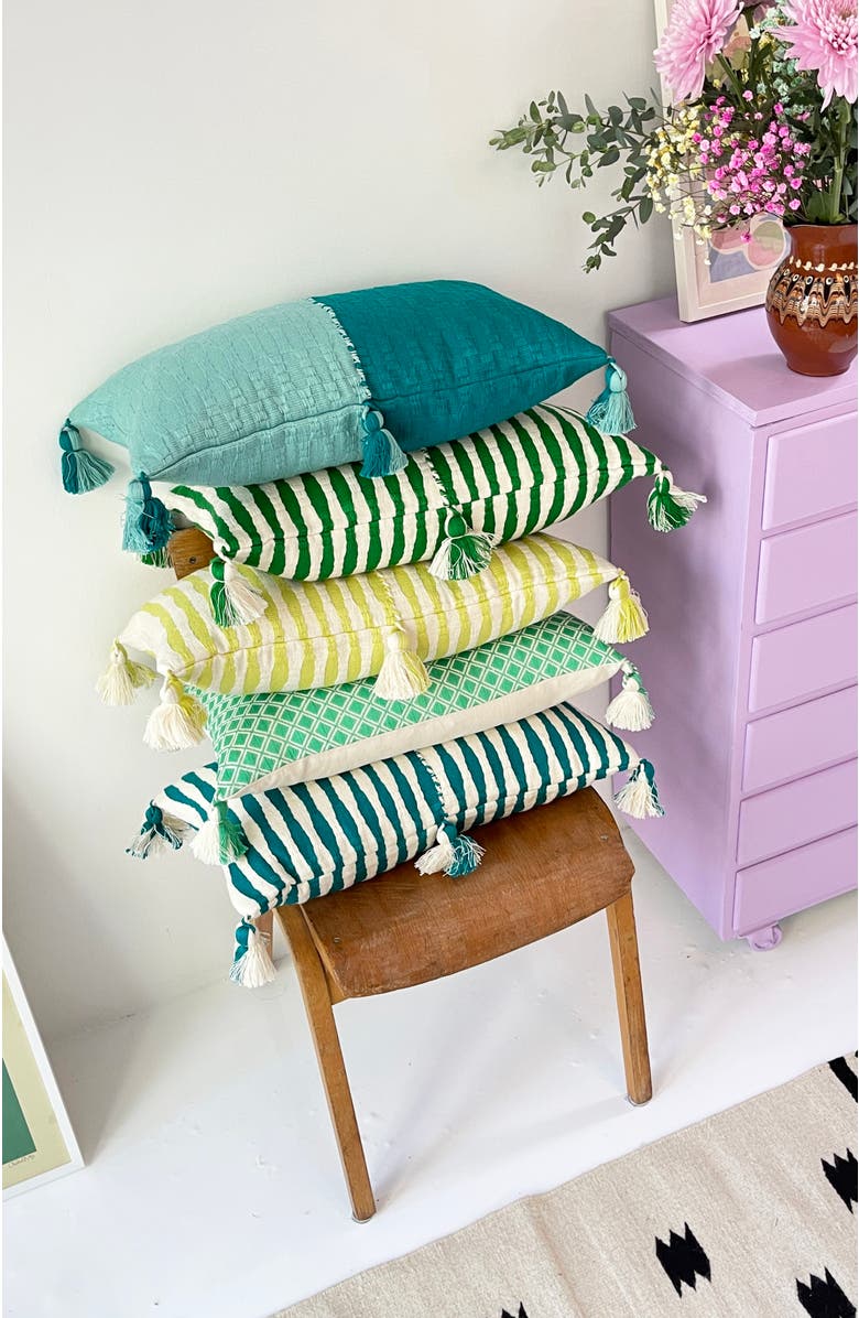 Archive New York Antigua Colorblocked Handwoven Cotton Throw Pillow | 12x20, Alternate, color, Jade And Aqua