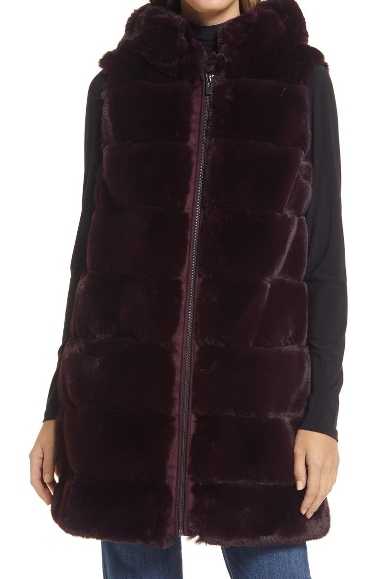 Grooved Faux Fur Hooded Vest, Alternate, color, BURGUNDY