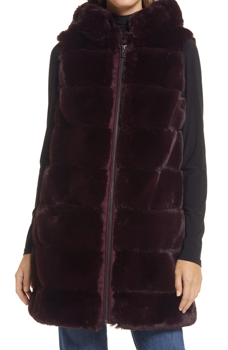 Via Spiga Grooved Faux Fur Hooded Vest, Alternate, color, Burgundy