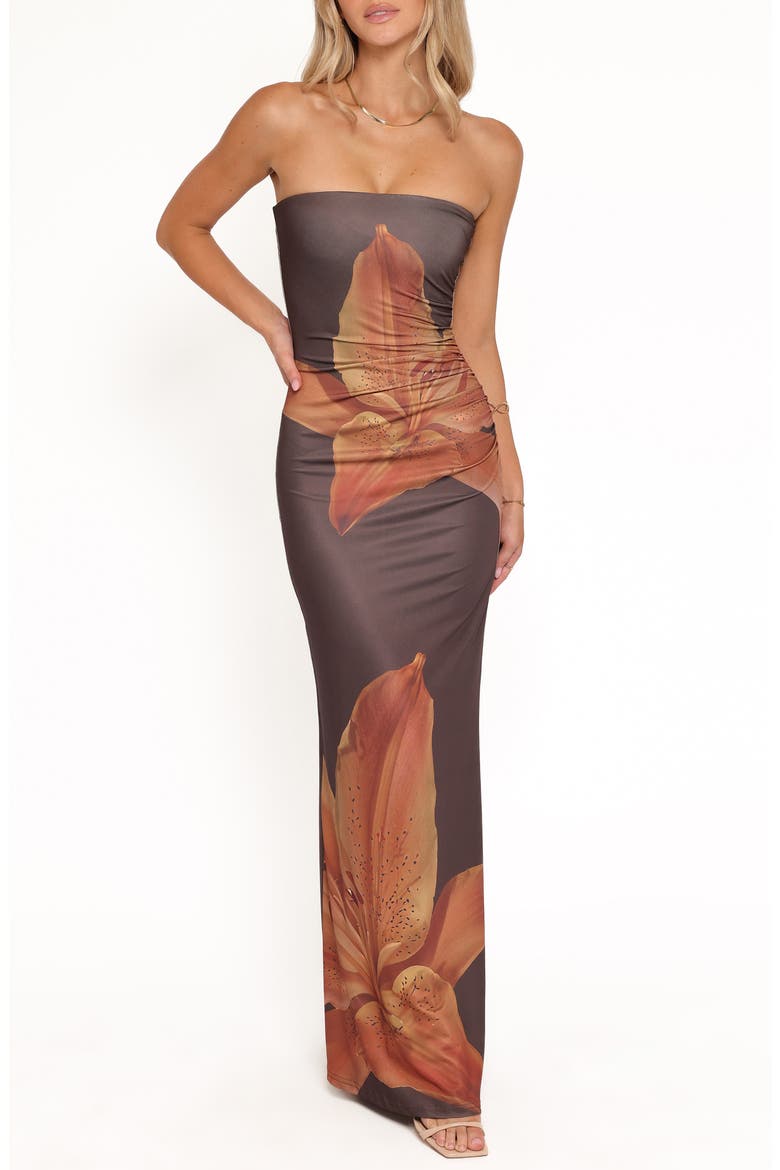 Ginny Floral Print Ruched Strapless Maxi Dress, Main, color, BROWN
