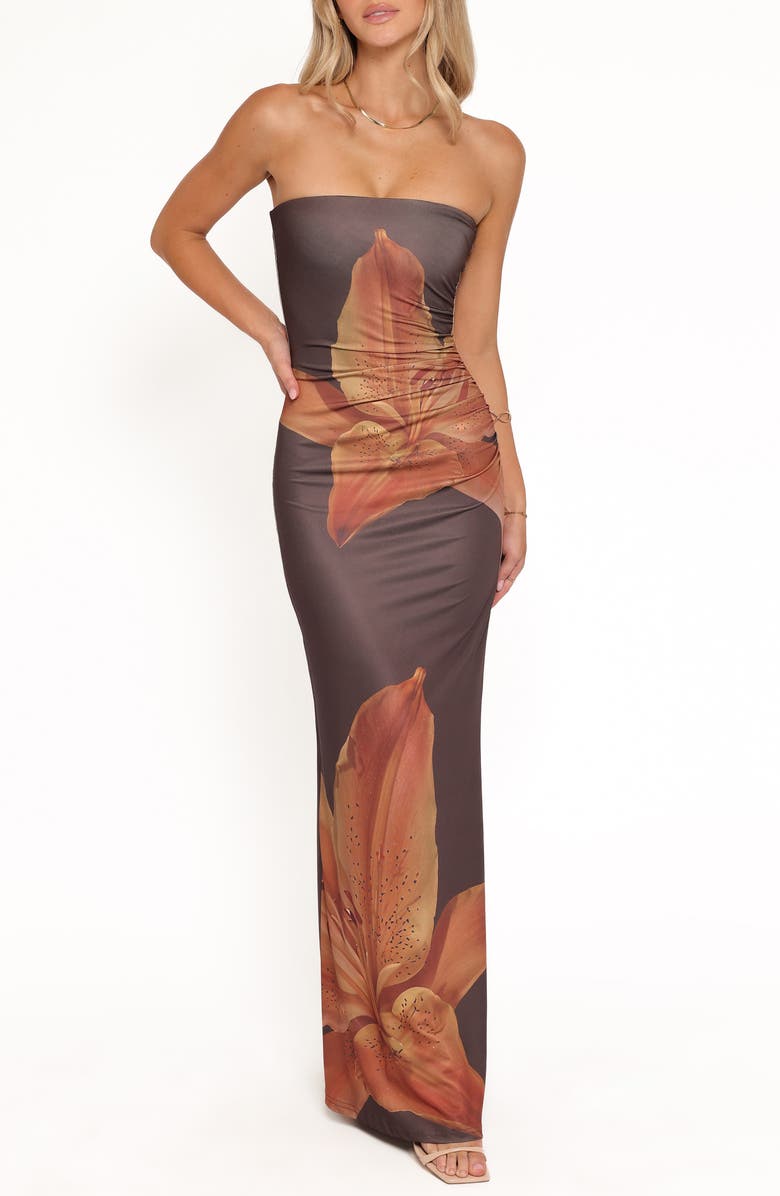 Petal & Pup Ginny Floral Print Ruched Strapless Maxi Dress, Main, color, Brown