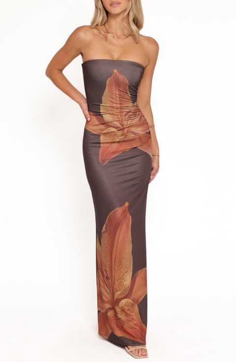 Ginny Floral Print Ruched Strapless Maxi Dress