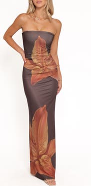 Petal & Pup Ginny Floral Print Ruched Strapless Maxi Dress