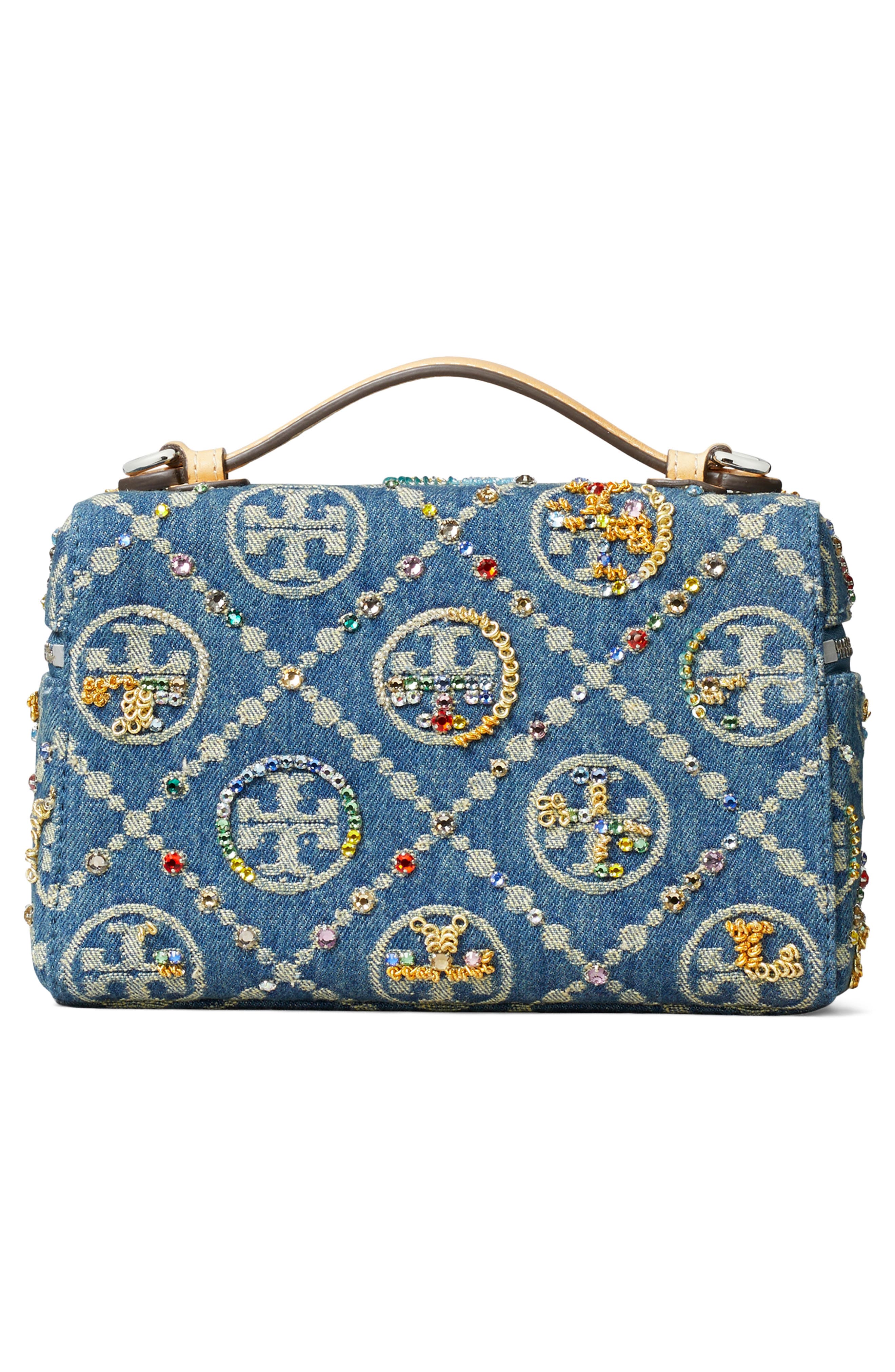 Romy T Monogram Embellished Denim Slim Handbag, Alternate, color, DEEP ROYAL