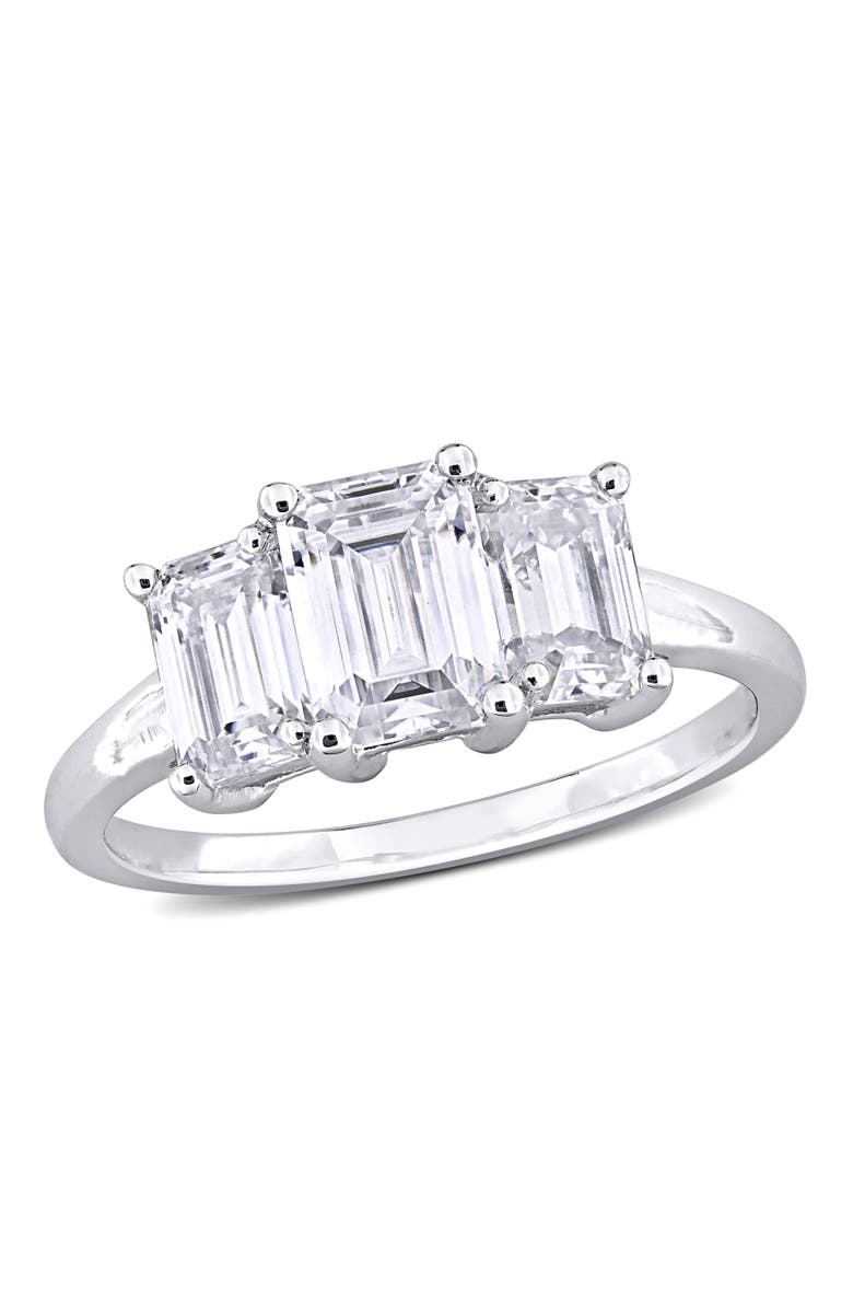 Julianna B. Emerald-cut Moissanite 3-Stone Ring, Main, color, Sterling Silver