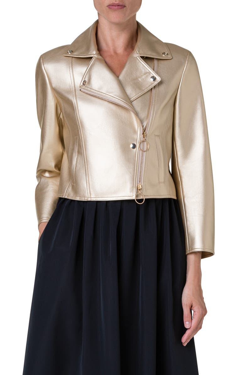 Akris punto Metallic Faux Leather Moto Jacket, Main, color, 