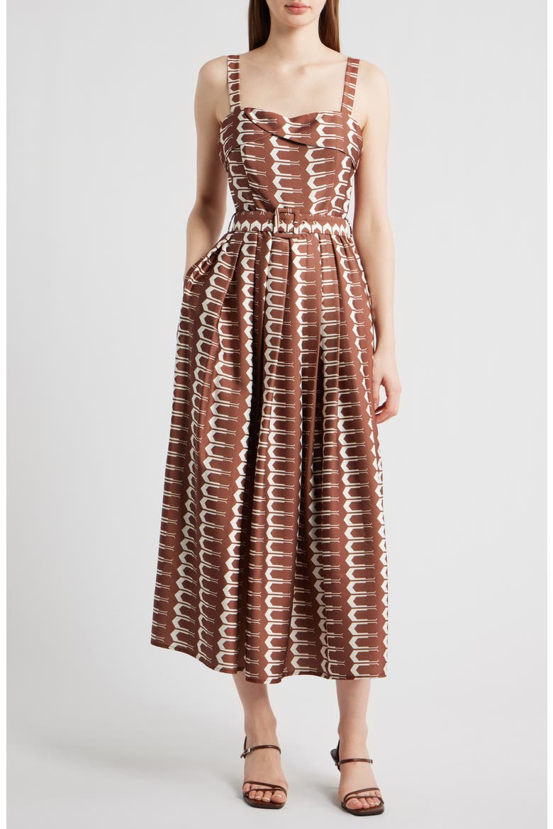 Edia Geo Print Belted Maxi Dress, Main, color, BROWN