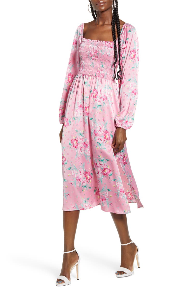 WAYF x Influencing in Color Long Sleeve Smocked Midi Dress, Main, color, 