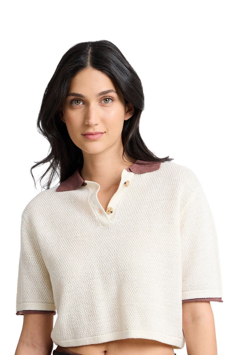 Cropped Knit Polo, Alternate, color, Egret/Brown