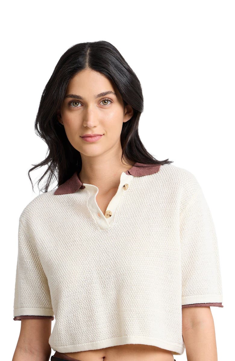 Onia Cropped Knit Polo, Alternate, color, Egret/Brown