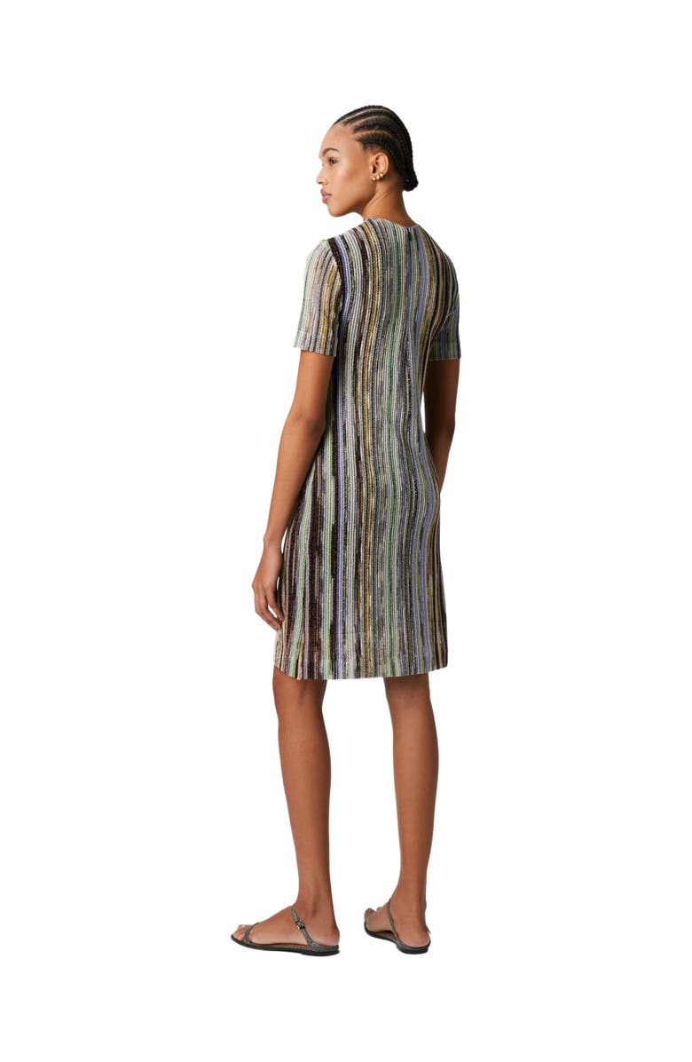 Missoni Short-sleeved Mini-dress In Striped Lamé Slub Viscose, Alternate, color, Green Multi