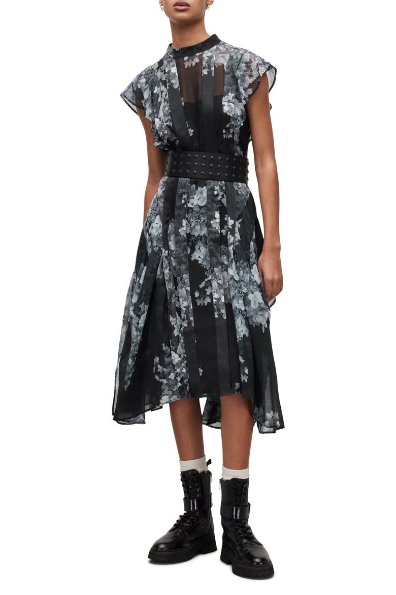 Freya Venetia Floral Midi Dress, Alternate, color, BLACK