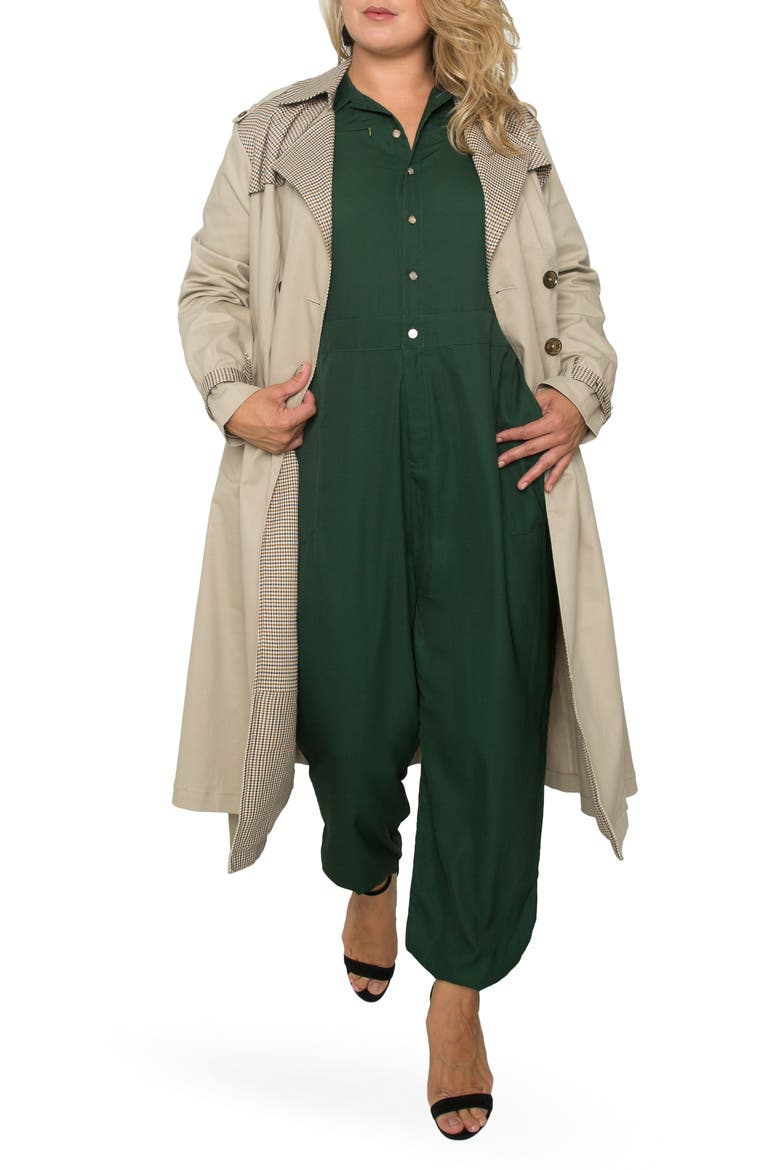 Plaid Detail Stretch Cotton Trench Coat, Alternate, color, CURRY